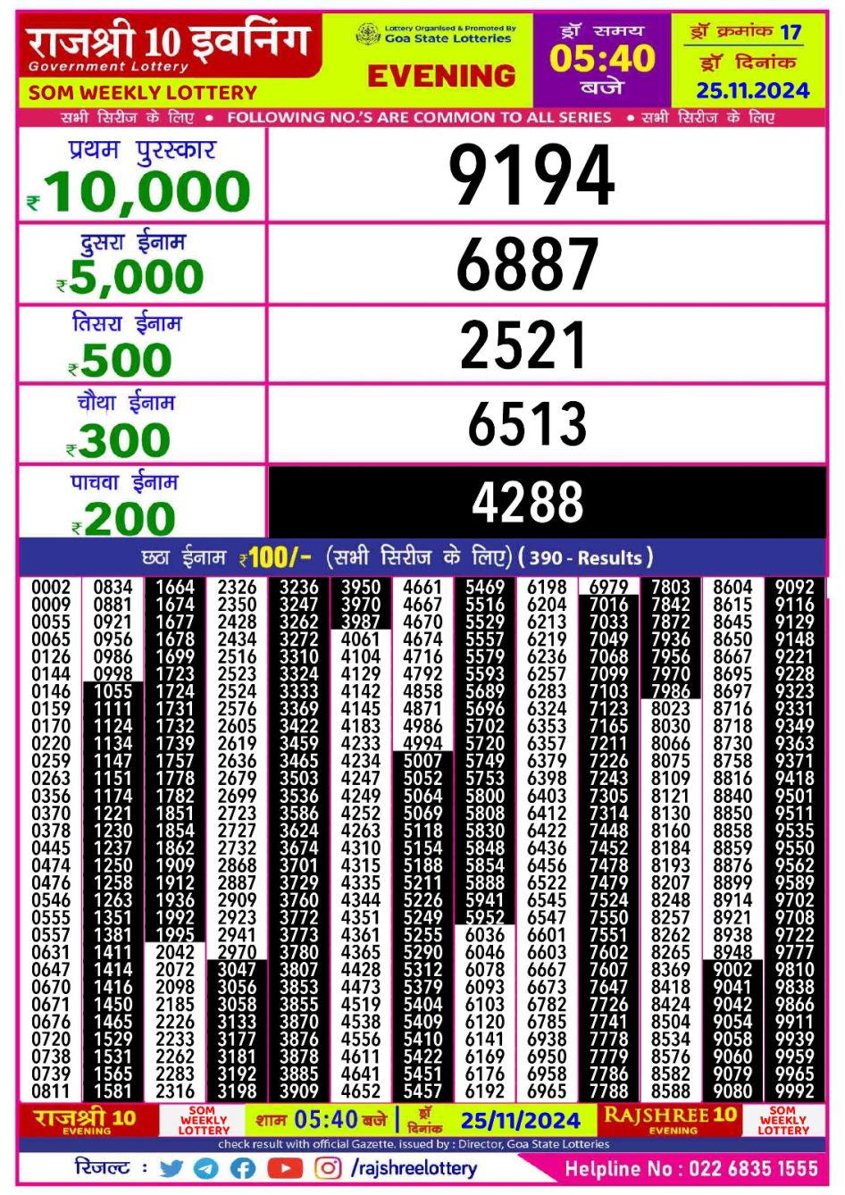 Everest Result Today Dear Lottery Chart