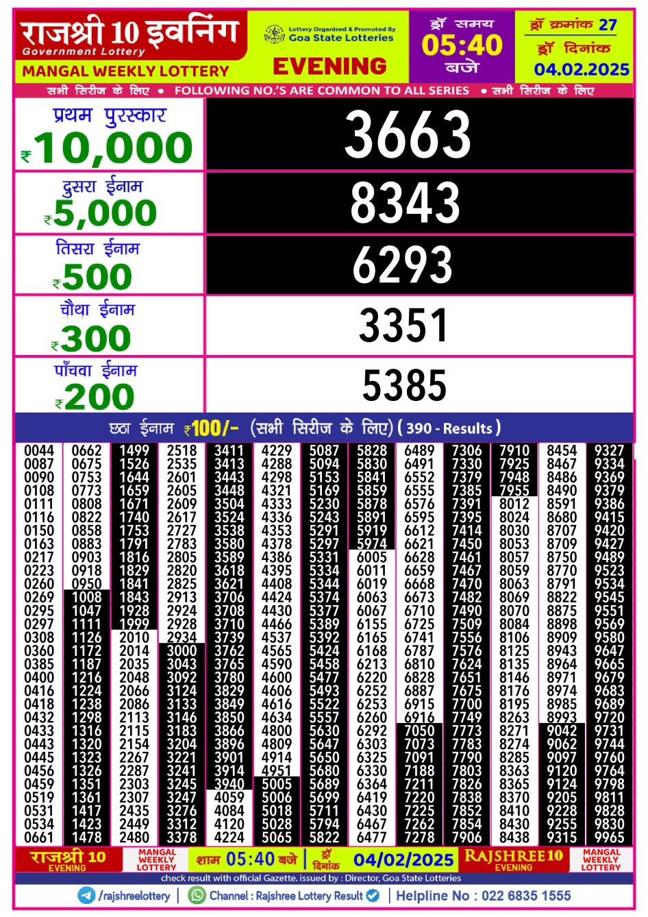 Everest Result Today Dear Lottery Chart