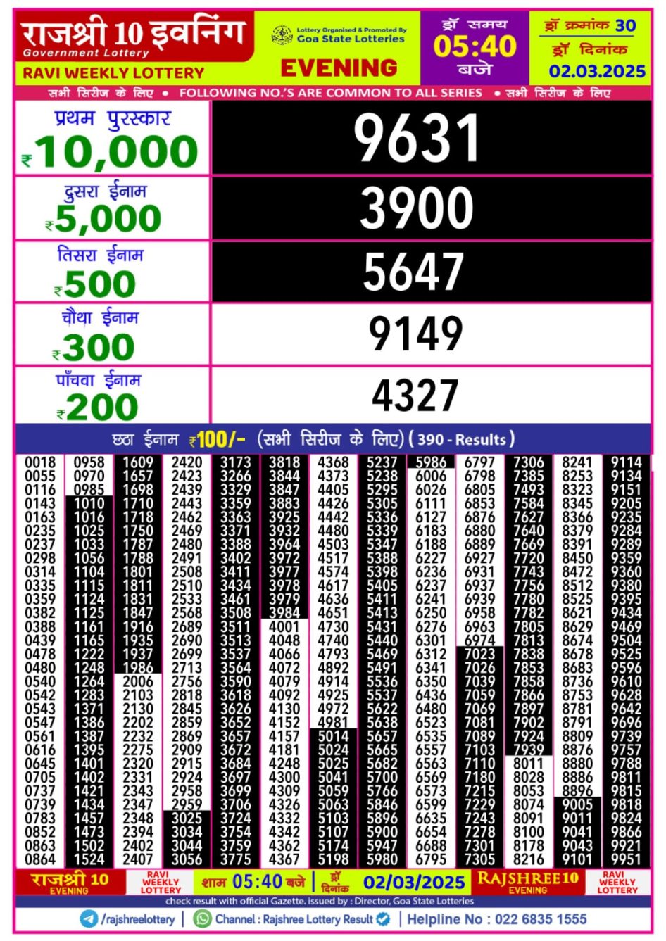 Everest Result Today Dear Lottery Chart